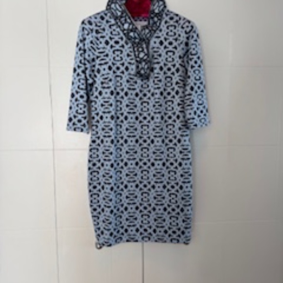 Gretchen Scott Jersey Ruffle Neck Blue Mini Dress - L (US 10) - Picture 1 of 7